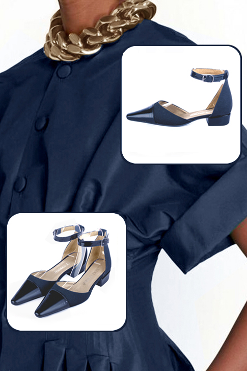 Women's navy blue open side dress shoes, with a strap around the ankle. Tapered toe. Low block heels - Top view
